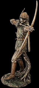 Robin Hood figur med bue i ikonisk positur på skovinspireret base